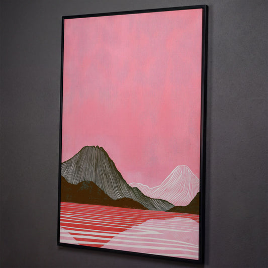 Pink Mountain Landscape Canvas Print shown in black floating frame