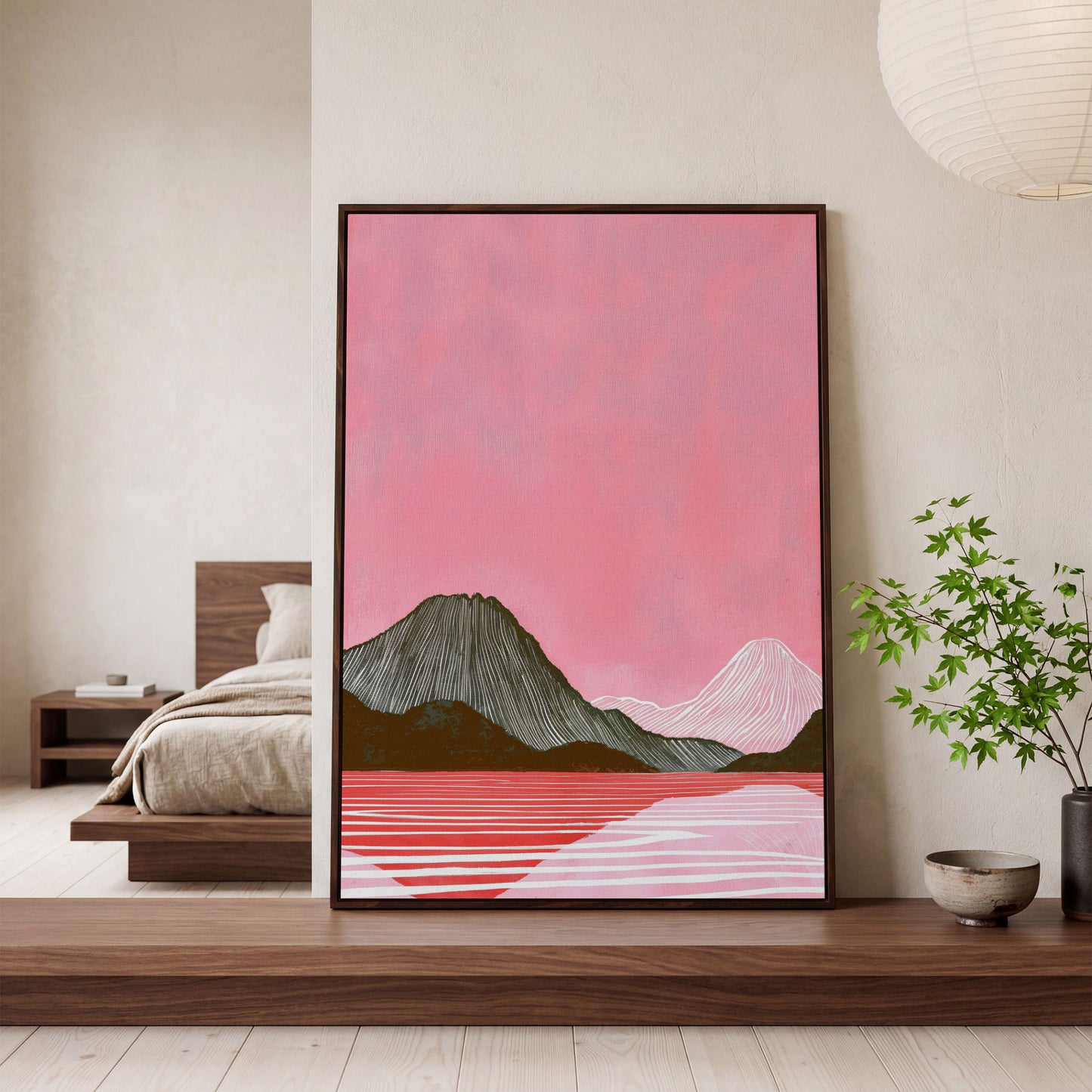 Pink Mountain Landscape Canvas Print in dark walnut floating frame