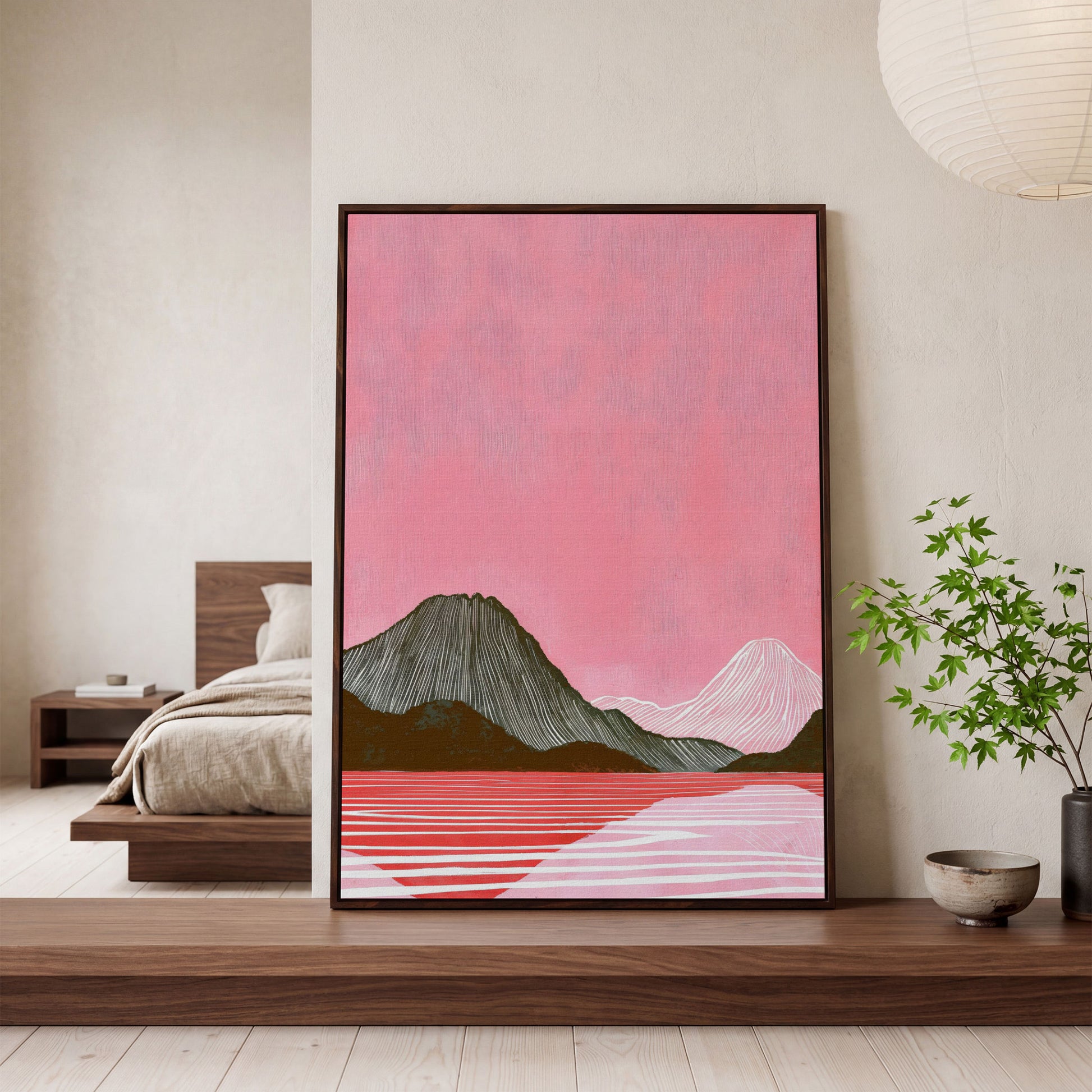 Pink Mountain Landscape Canvas Print in dark walnut floating frame