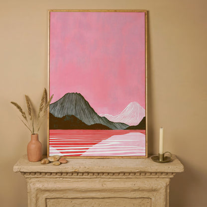 Pink Mountain Landscape Canvas Print in white oak floating frame