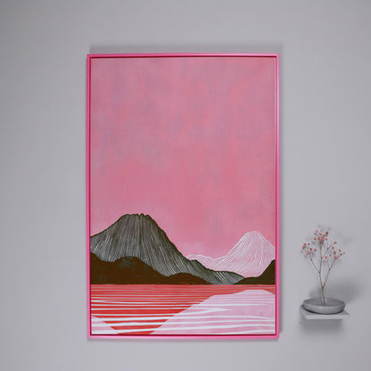 Pink Mountain Landscape Canvas Print in pink floating frame