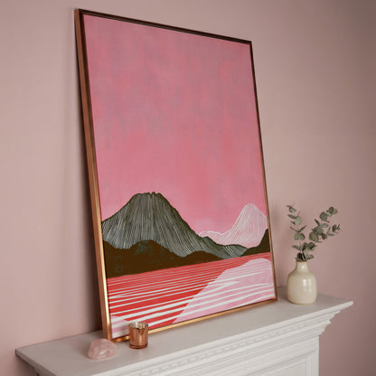 Pink Mountain Landscape Canvas Print in rose gold floating frame