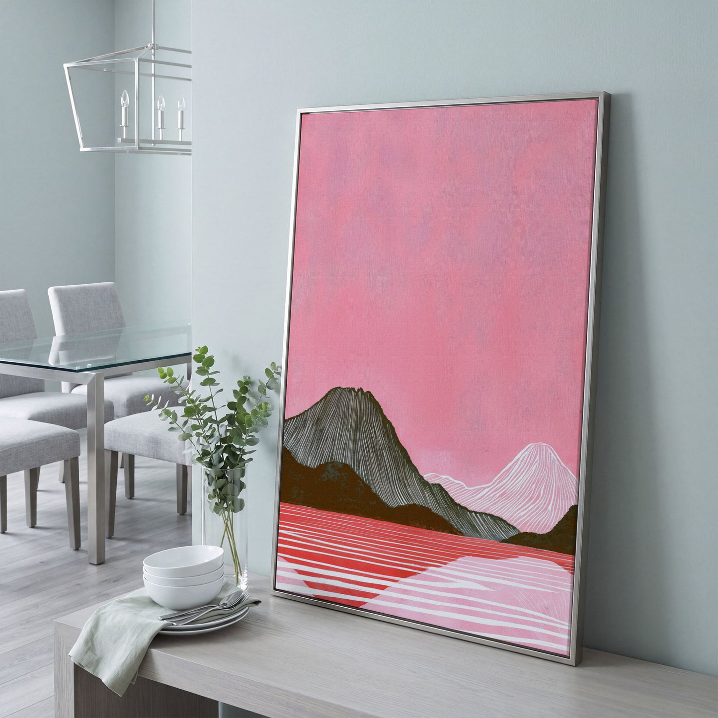 Pink Mountain Landscape Canvas Print in silver floating frame