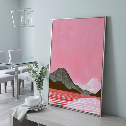 Pink Mountain Landscape Canvas Print in silver floating frame