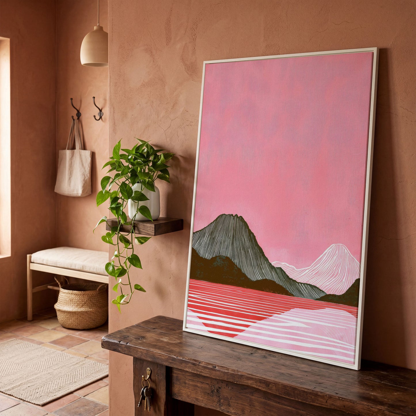 Pink Mountain Landscape Canvas Print in white floating frame