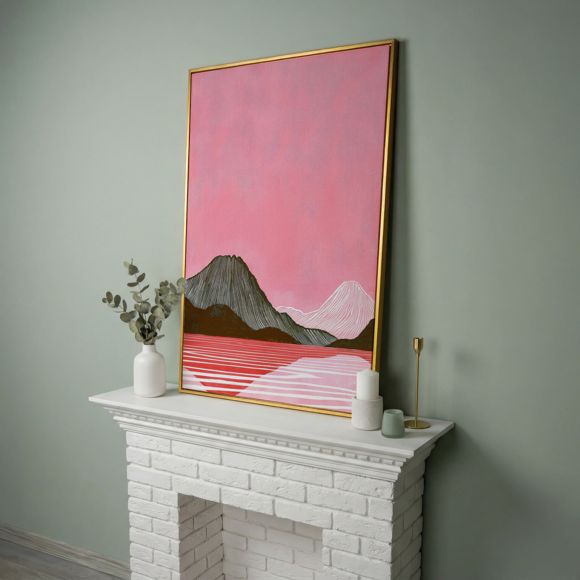 Pink Mountain Landscape Canvas Print in yellow gold floating frame