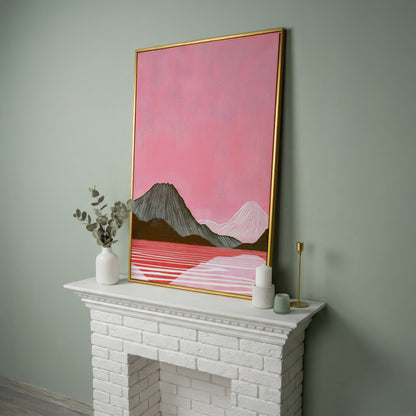 Pink Mountain Landscape Canvas Print in yellow gold floating frame