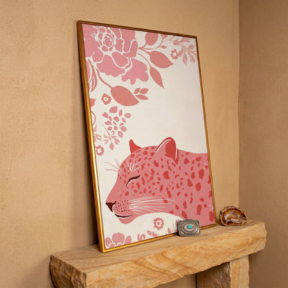 Pink Leopard with Floral Border Canvas in antique gold floating frame