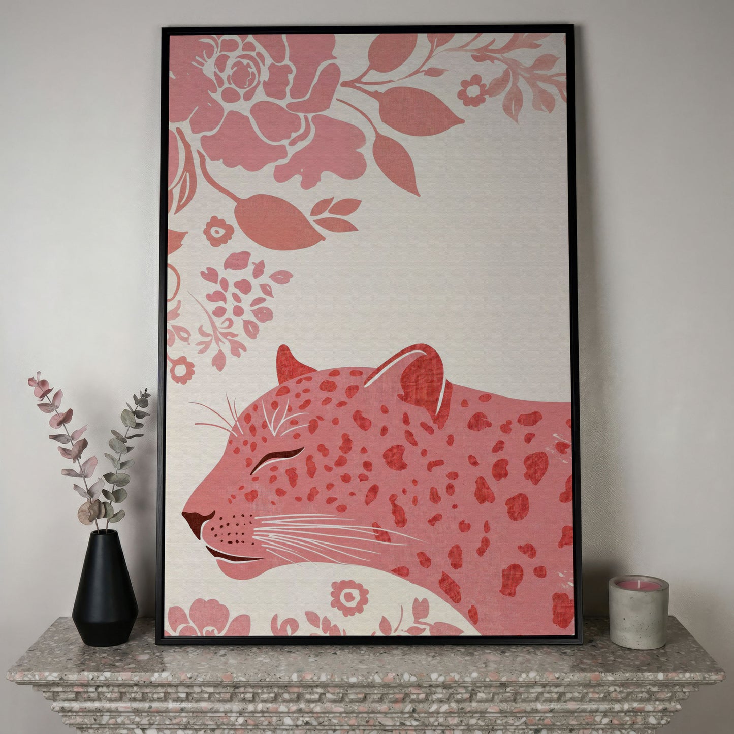 Pink Leopard with Floral Border Canvas in black floating frame