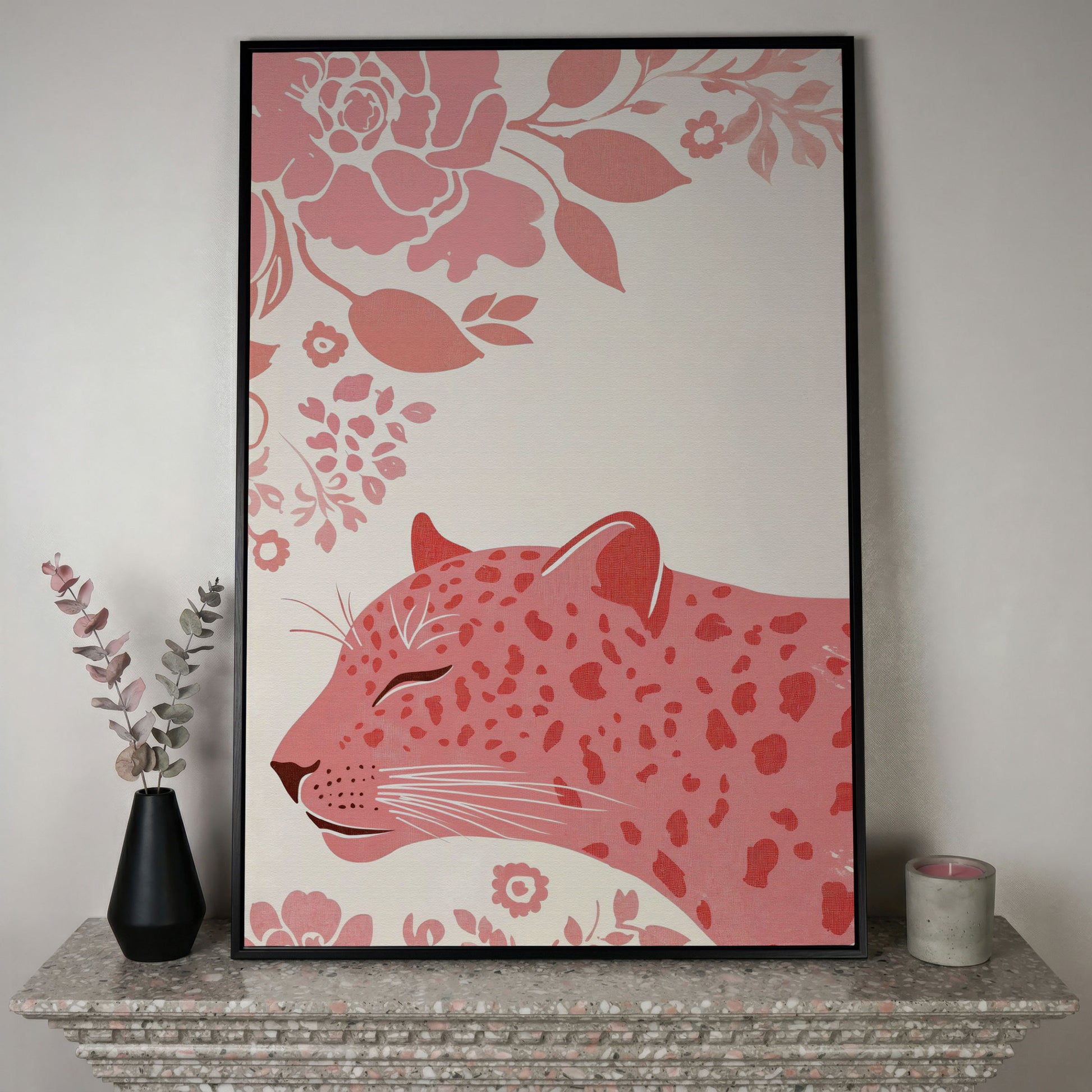 Pink Leopard with Floral Border Canvas in black floating frame