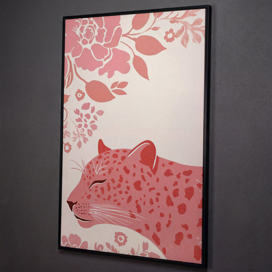Pink Leopard with Floral Border Canvas shown in black floating frame
