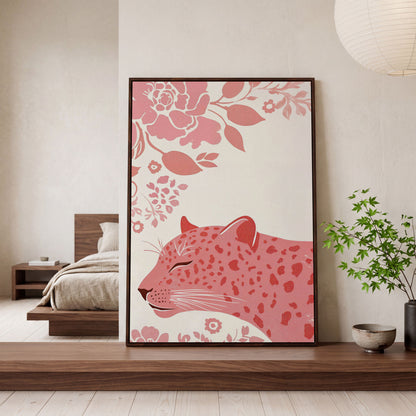 Pink Leopard with Floral Border Canvas in dark walnut floating frame