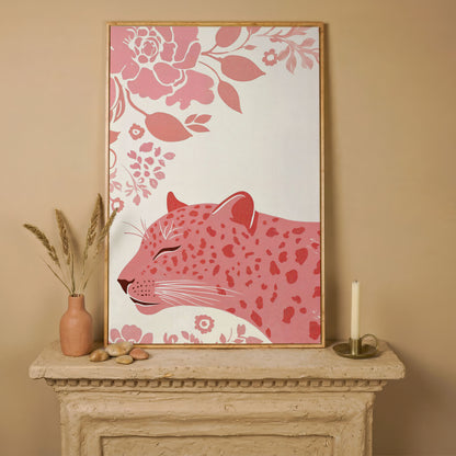 Pink Leopard with Floral Border Canvas in white oak floating frame