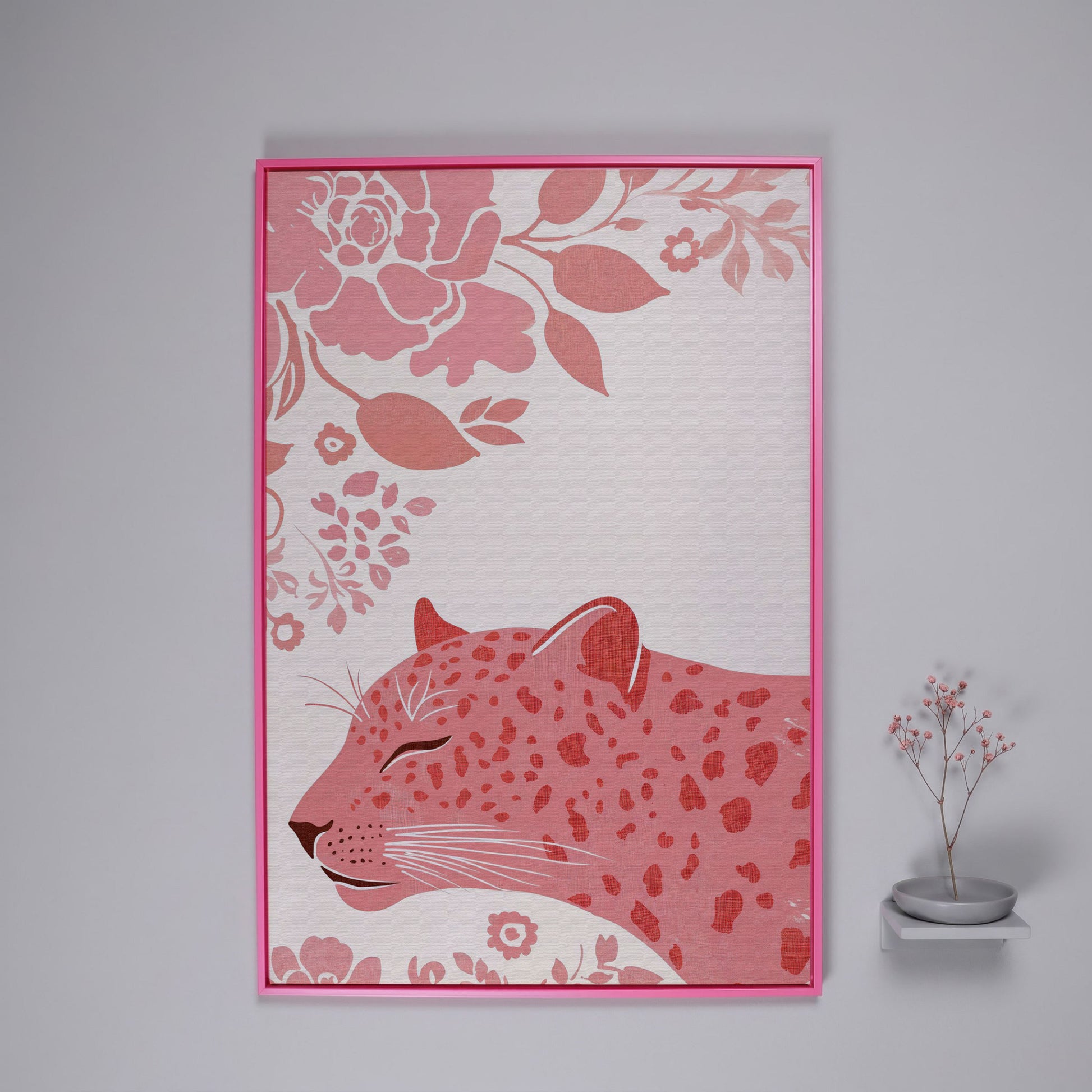 Pink Leopard with Floral Border Canvas in pink floating frame