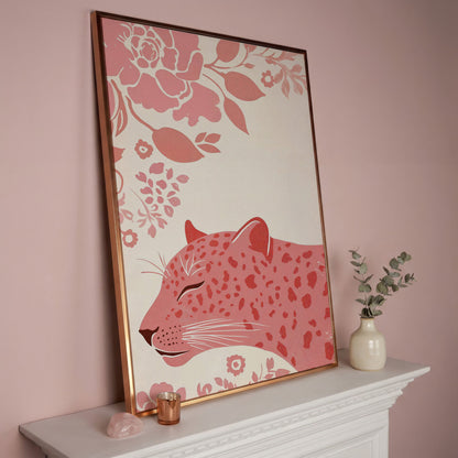 Pink Leopard with Floral Border Canvas in rose gold floating frame