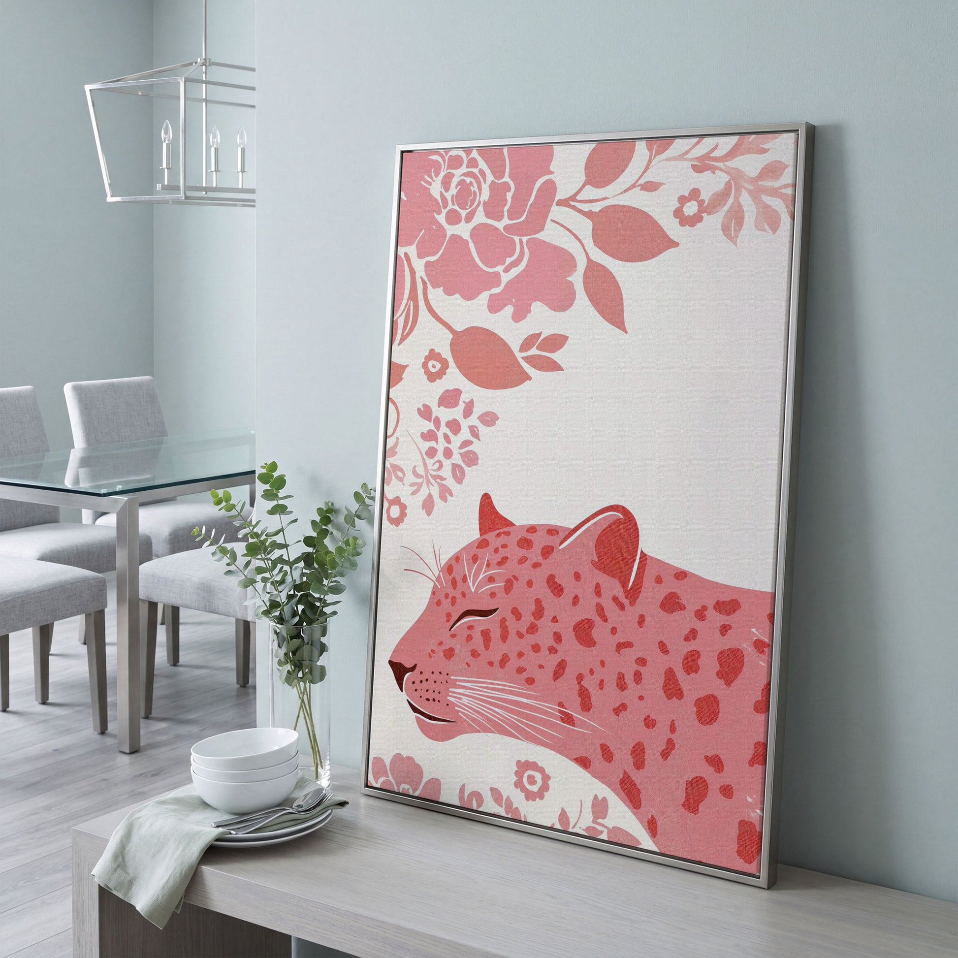 Pink Leopard with Floral Border Canvas in silver floating frame