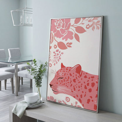Pink Leopard with Floral Border Canvas in silver floating frame