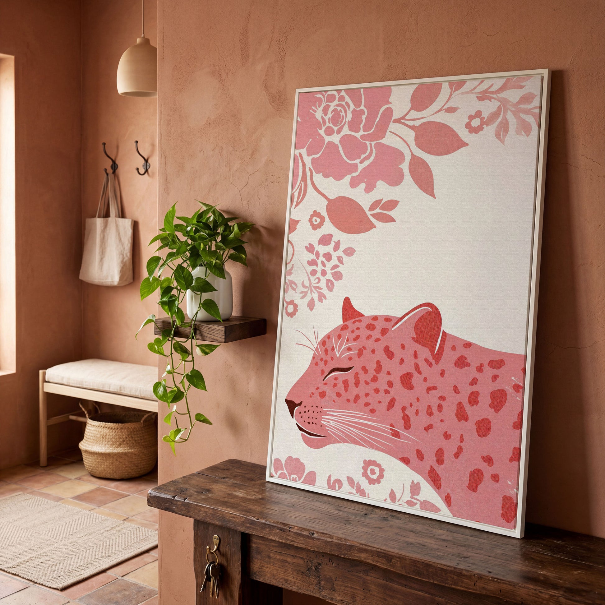 Pink Leopard with Floral Border Canvas in white floating frame