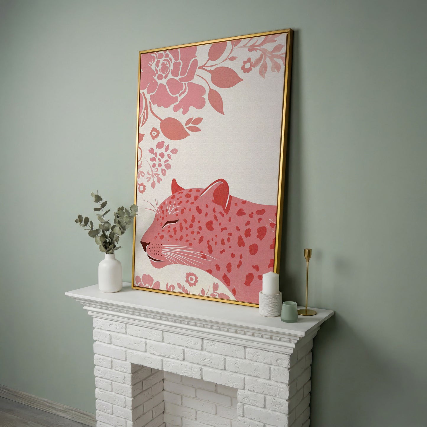 Pink Leopard with Floral Border Canvas in yellow gold floating frame