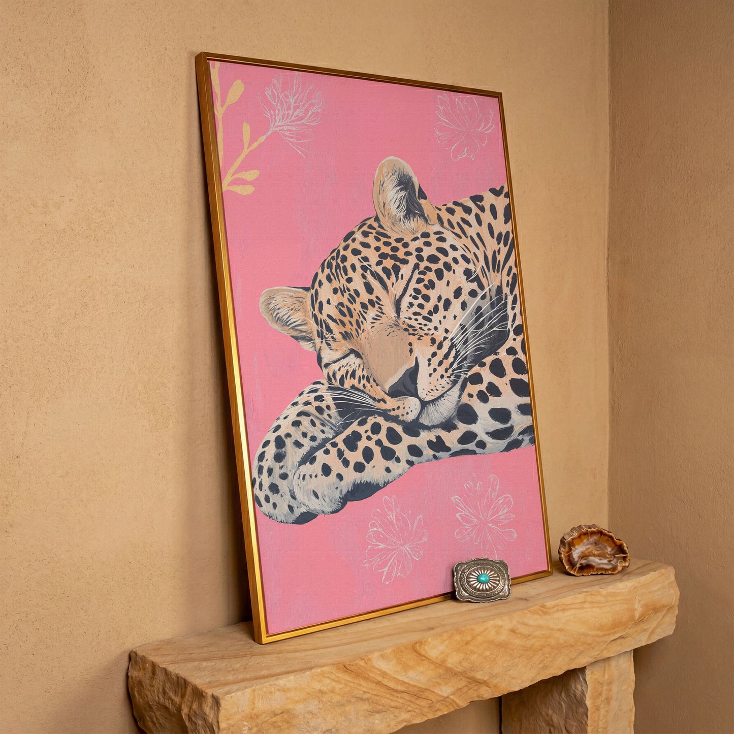 Sleeping Leopard with Florals Canvas in antique gold floating frame