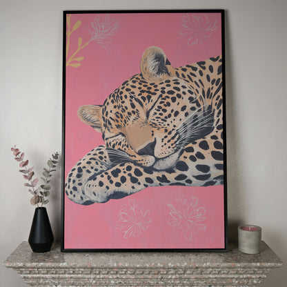 Sleeping Leopard with Florals Canvas in black floating frame