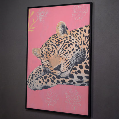 Sleeping Leopard with Florals Canvas shown in black floating frame