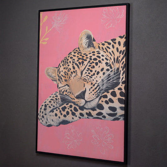 Sleeping Leopard with Florals Canvas shown in black floating frame