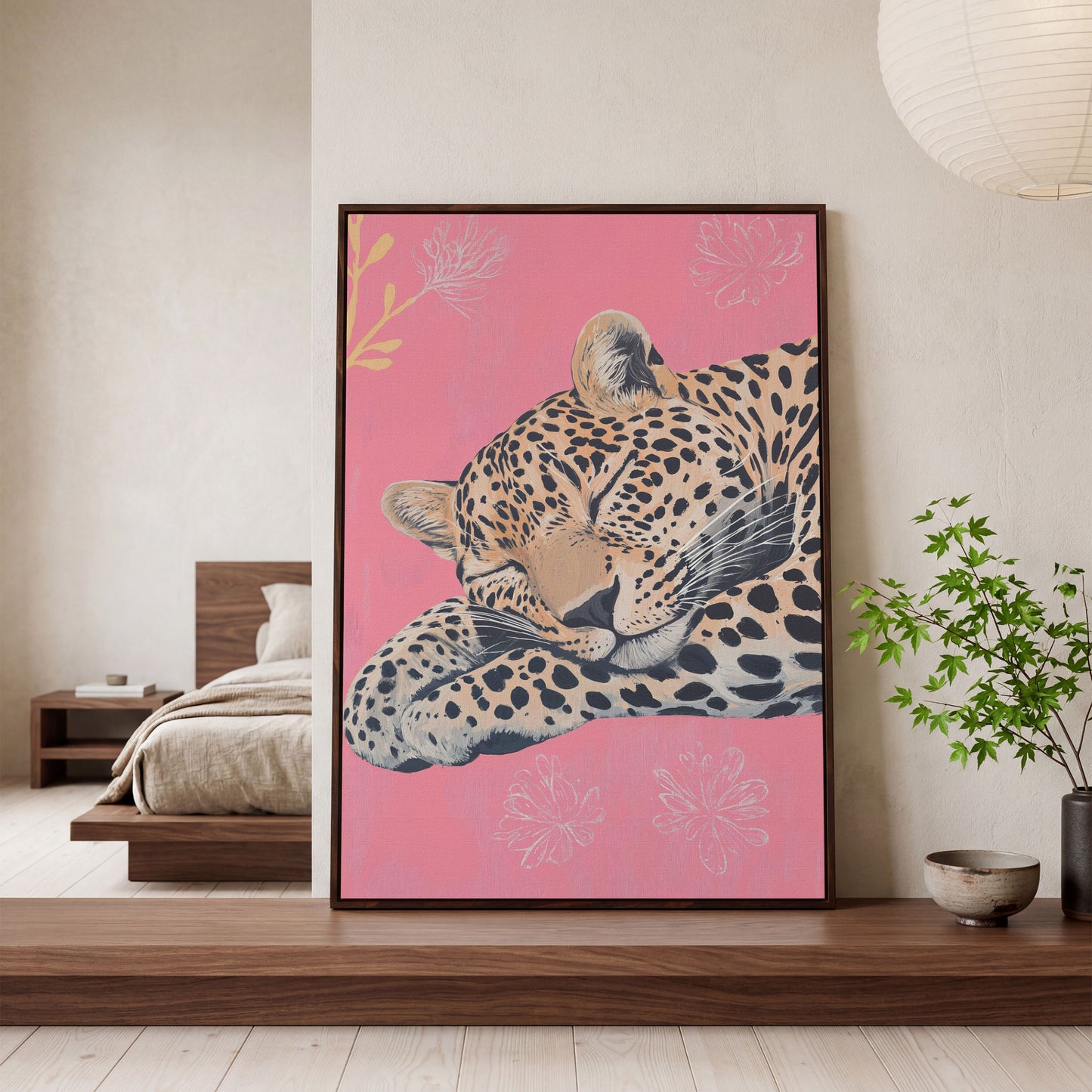 Sleeping Leopard with Florals Canvas in dark walnut floating frame
