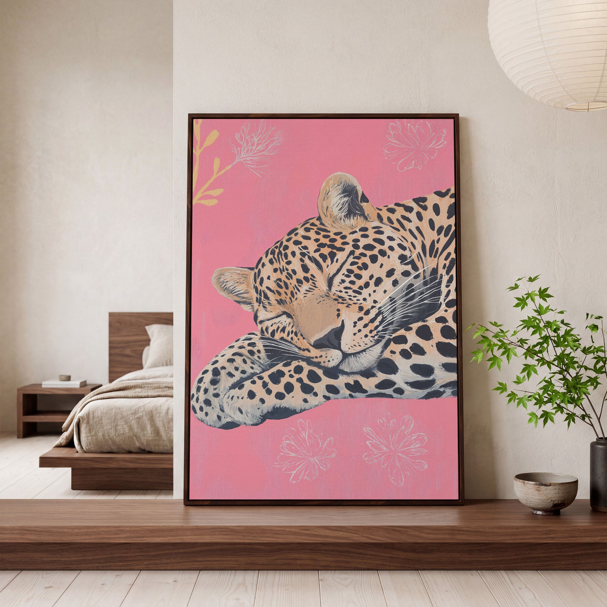 Sleeping Leopard with Florals Canvas in dark walnut floating frame