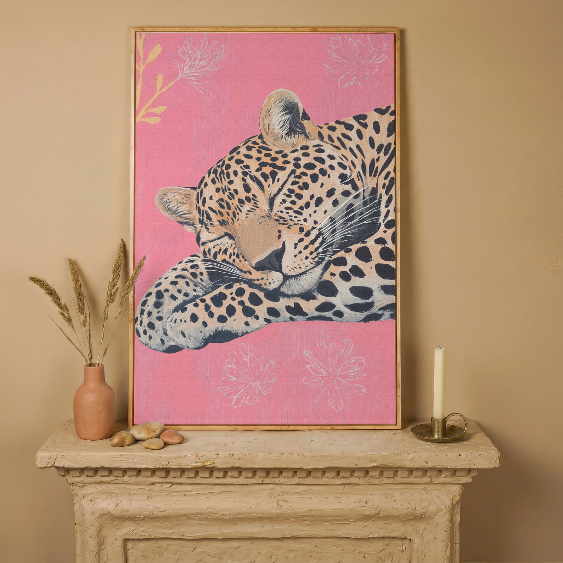 Sleeping Leopard with Florals Canvas in white oak floating frame