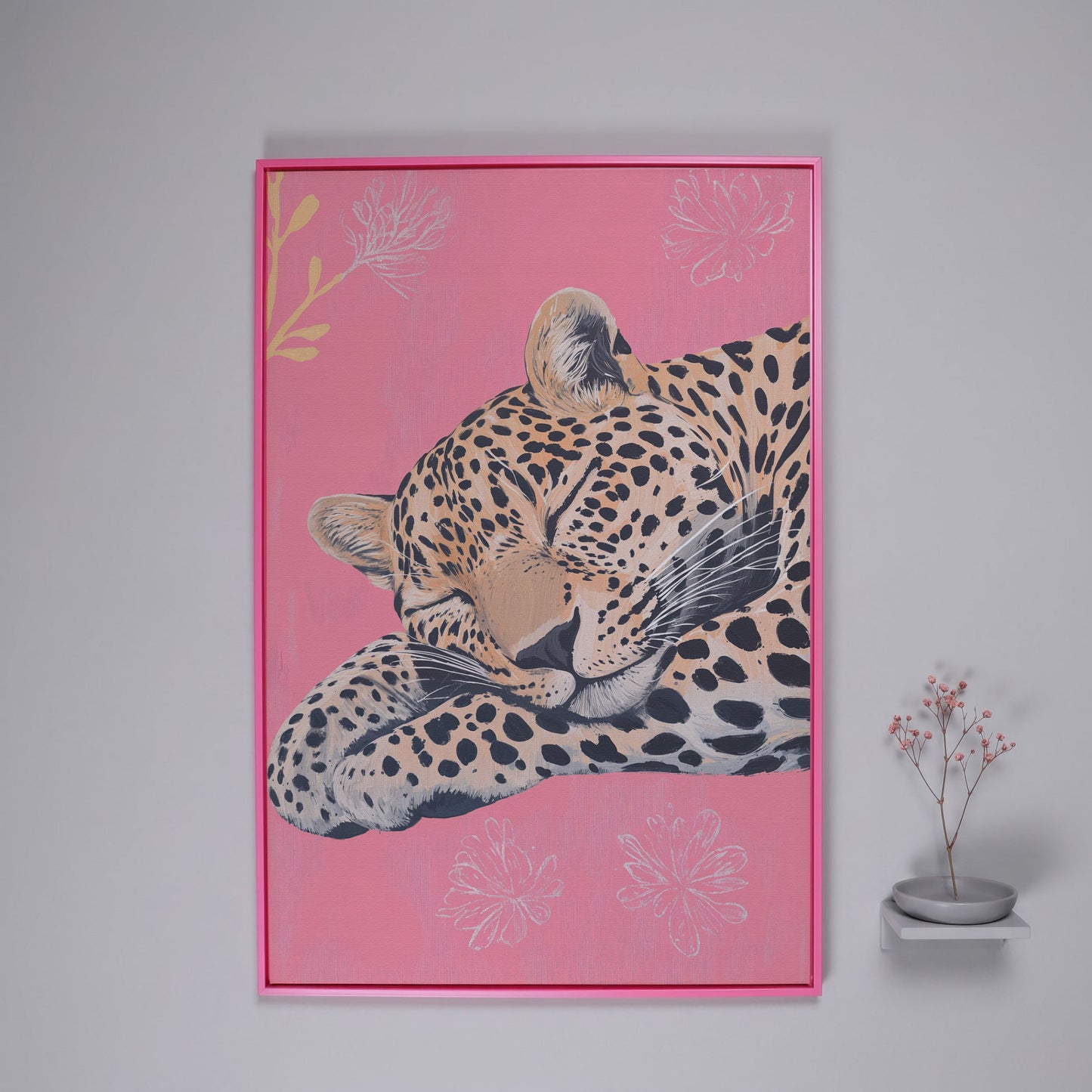 Sleeping Leopard with Florals Canvas in pink floating frame