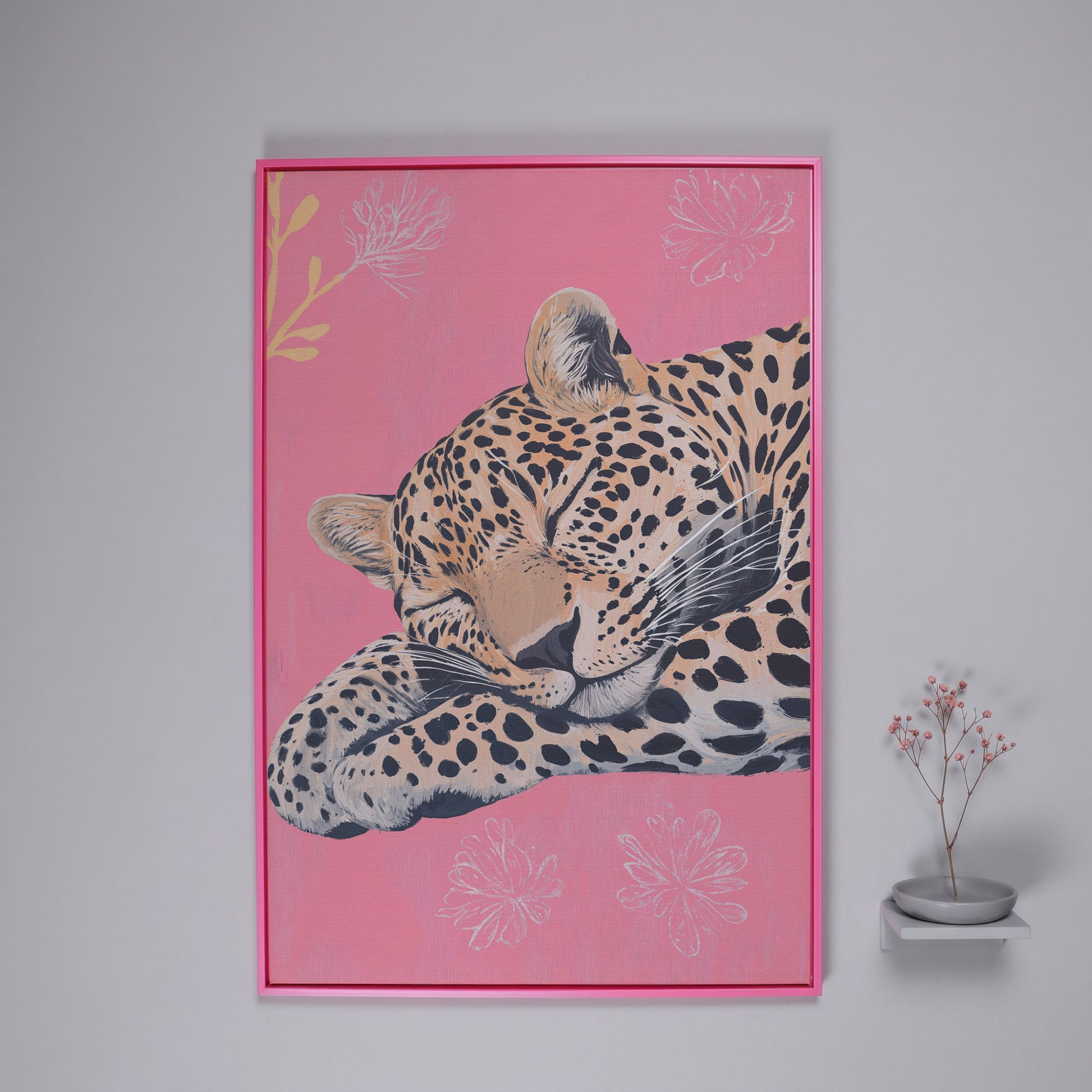 Sleeping Leopard with Florals Canvas in pink floating frame