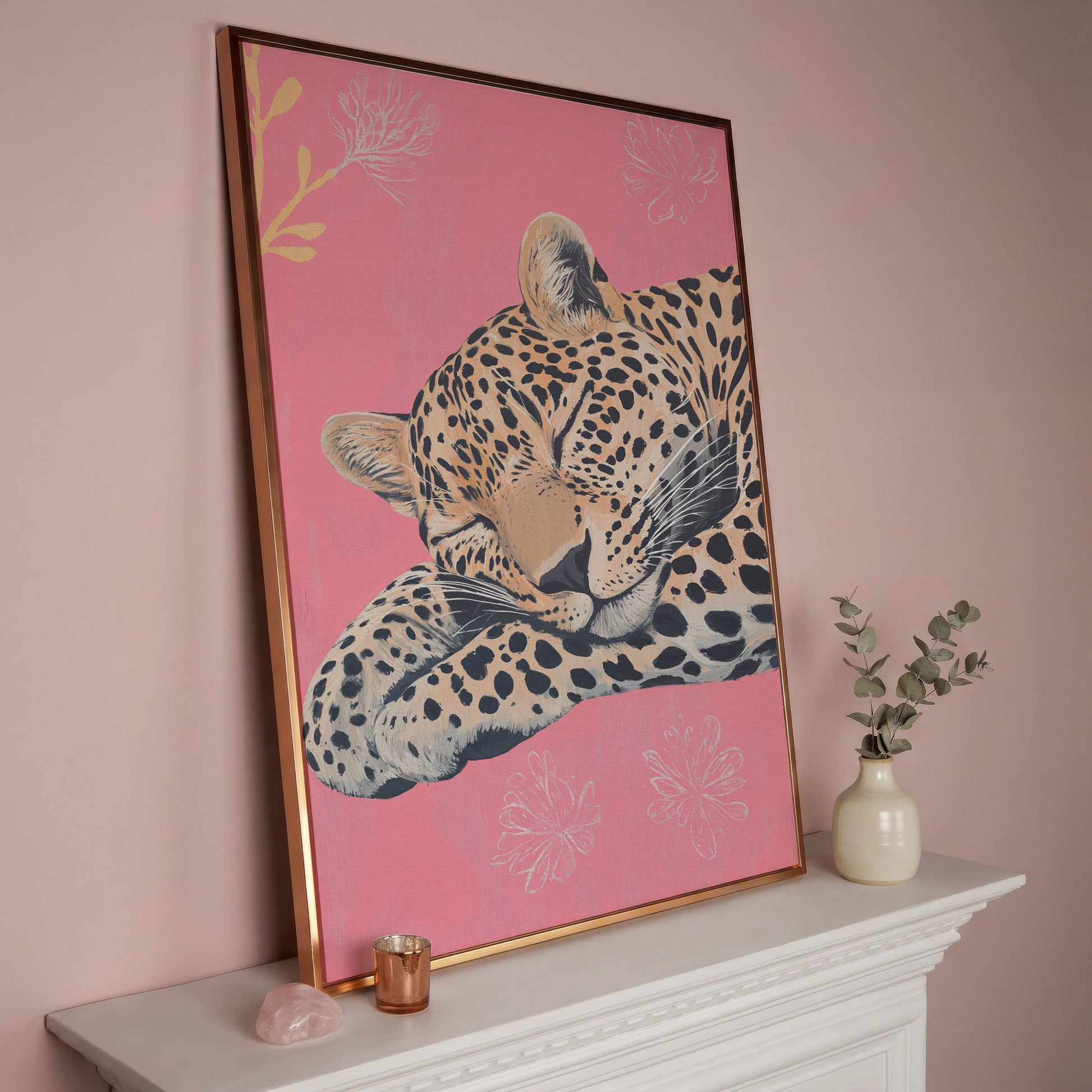Sleeping Leopard with Florals Canvas in rose gold floating frame