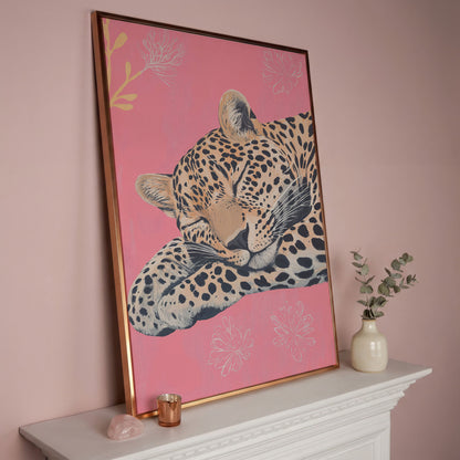 Sleeping Leopard with Florals Canvas in rose gold floating frame