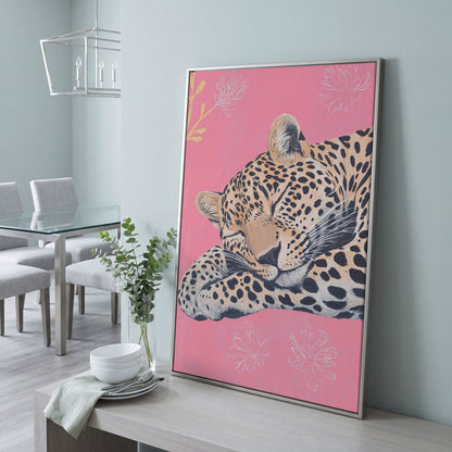 Sleeping Leopard with Florals Canvas in silver floating frame