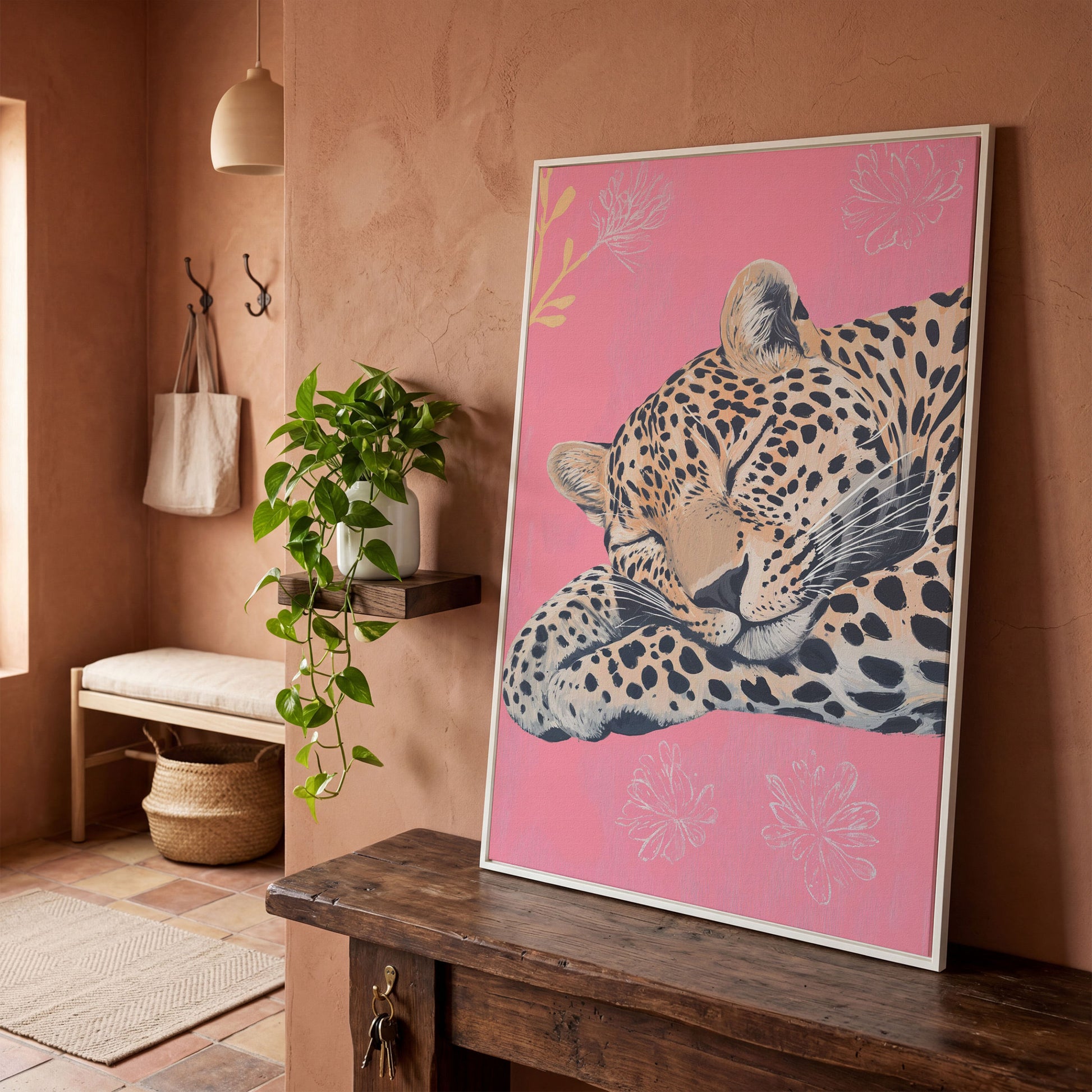 Sleeping Leopard with Florals Canvas in white floating frame