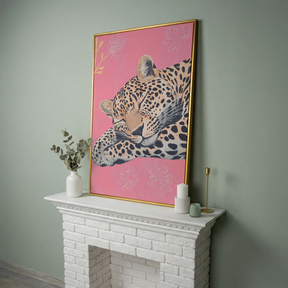 Sleeping Leopard with Florals Canvas in yellow gold floating frame