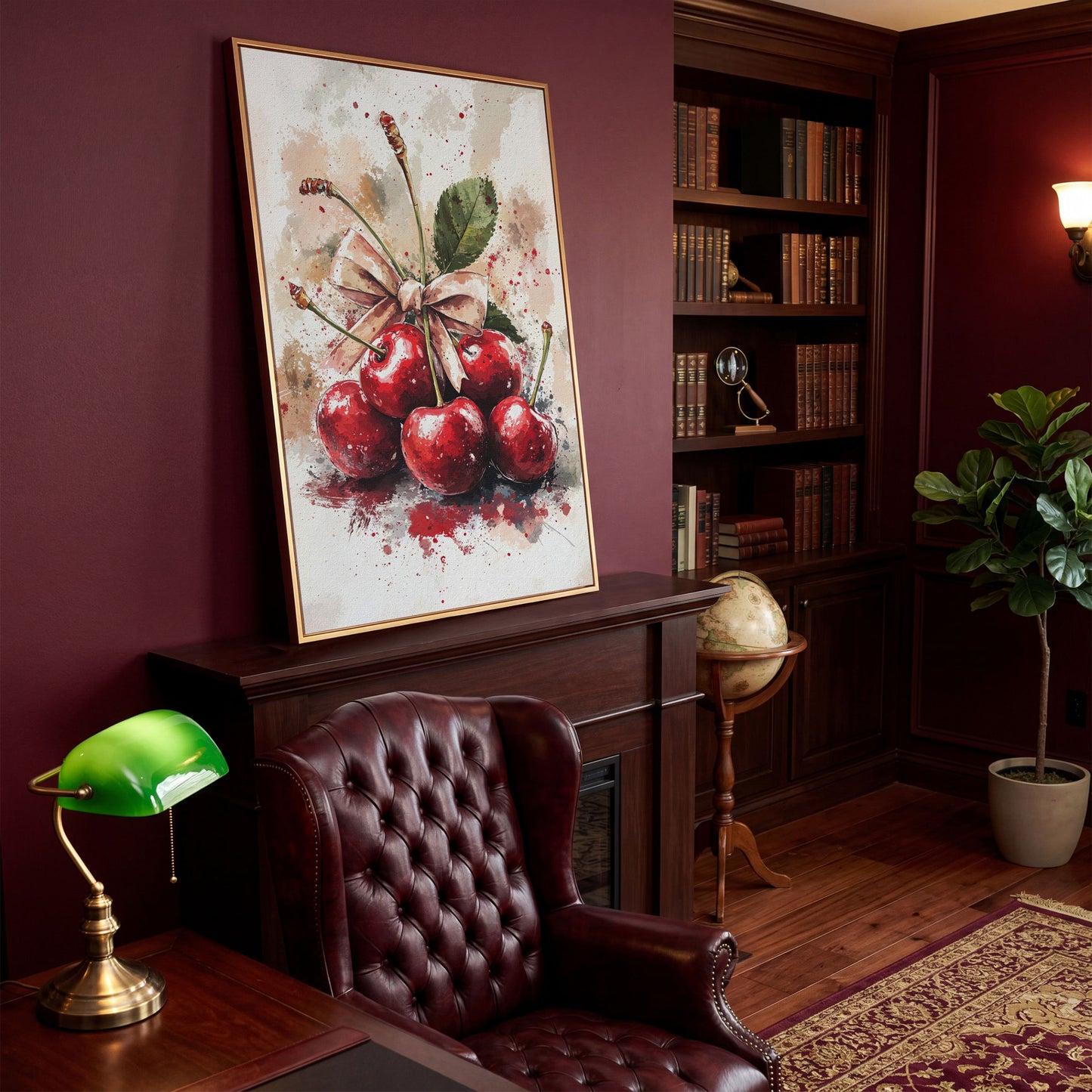 Cherry Still Life Canvas Print in antique gold floating frame