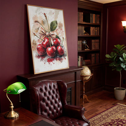 Cherry Still Life Canvas Print in antique gold floating frame