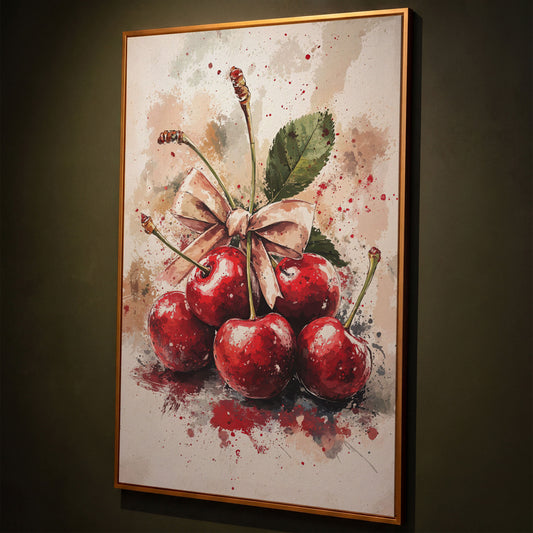 Cherry Still Life Canvas Print shown in antique gold floating frame
