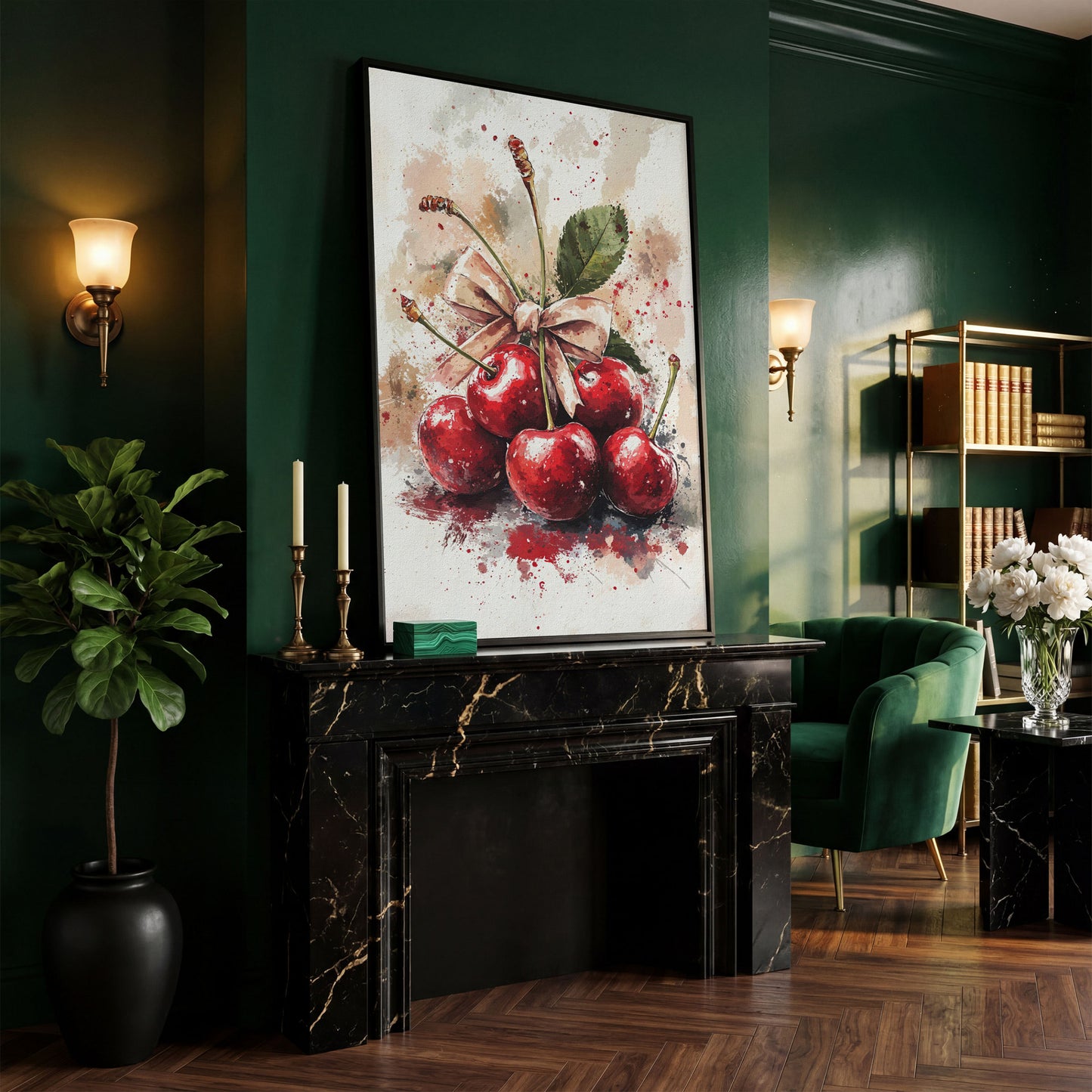 Cherry Still Life Canvas Print in black floating frame