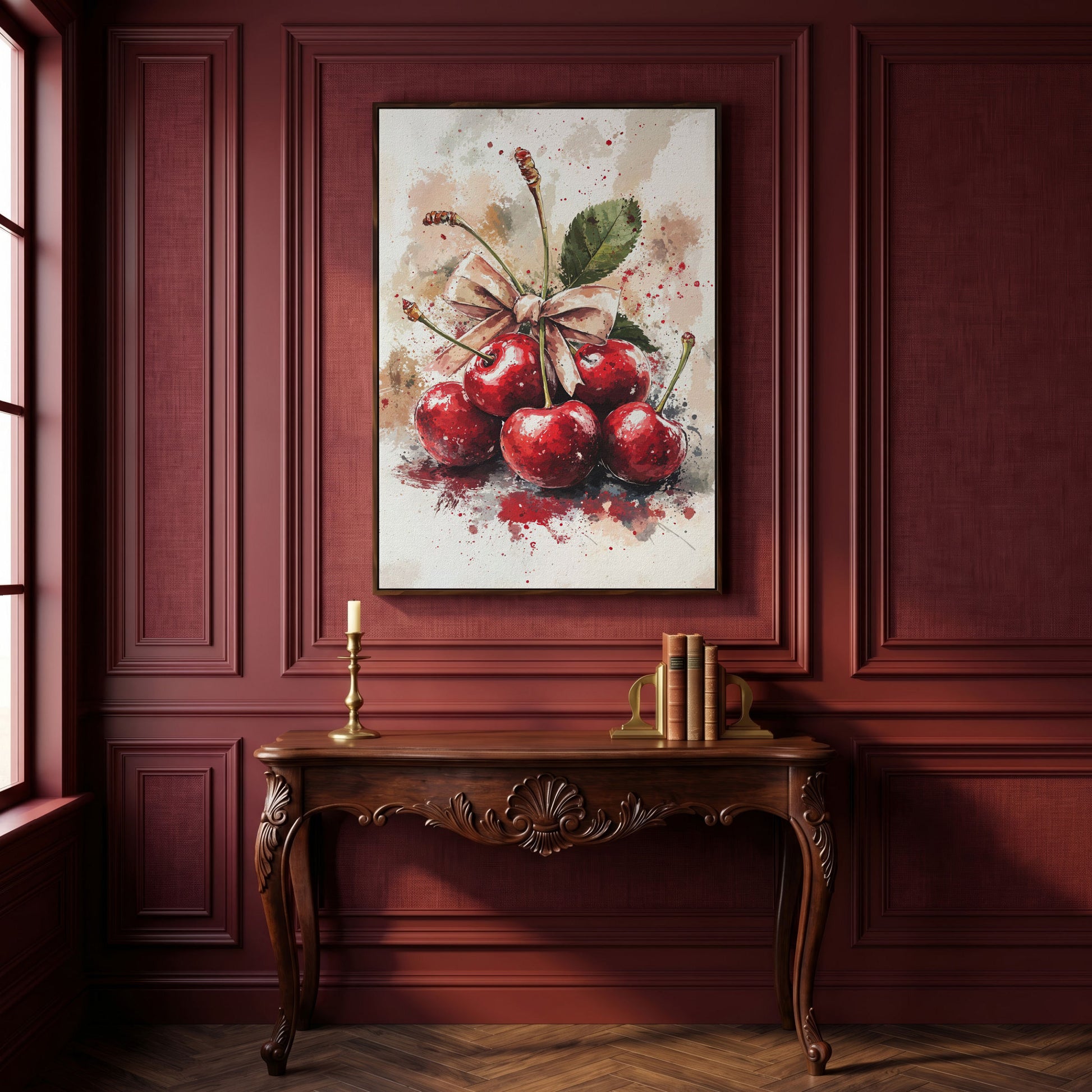 Cherry Still Life Canvas Print in dark walnut floating frame