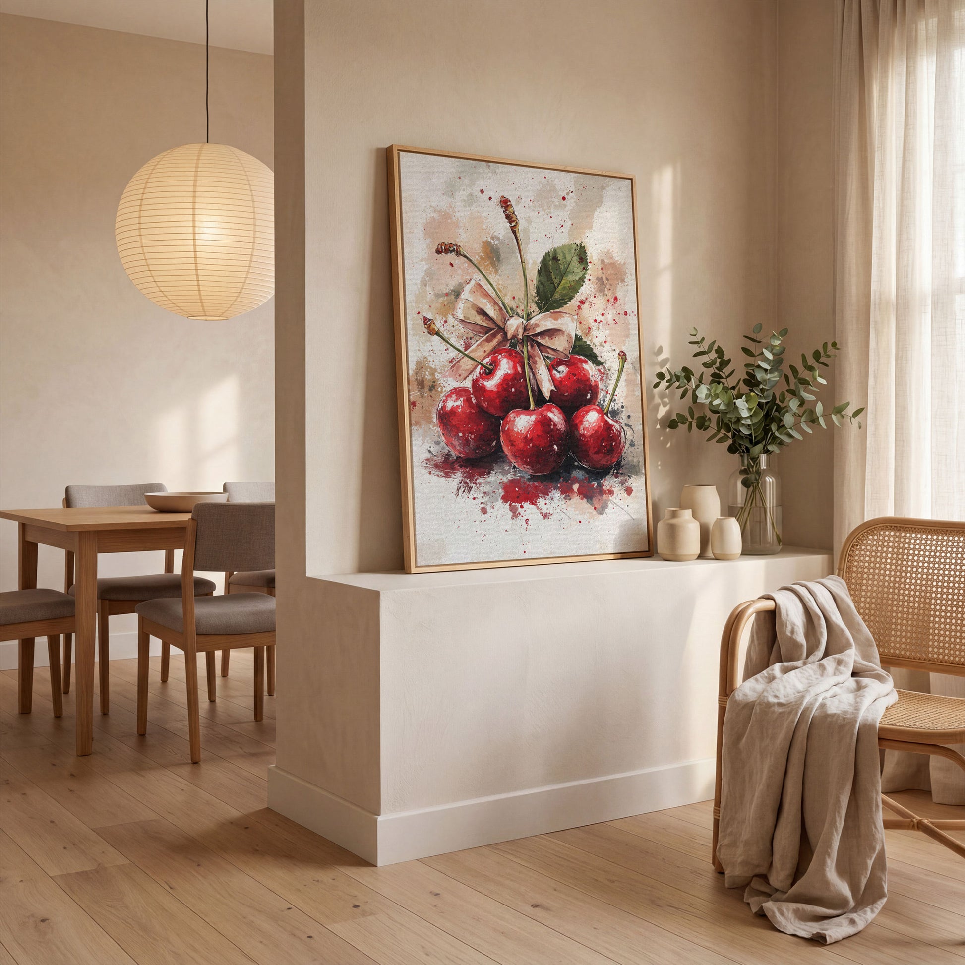 Cherry Still Life Canvas Print in white oak floating frame
