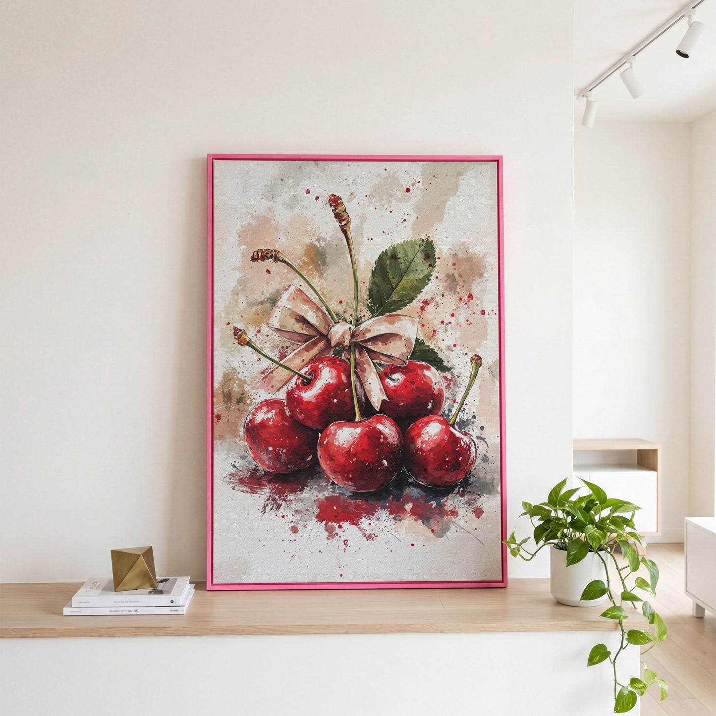 Cherry Still Life Canvas Print in pink floating frame