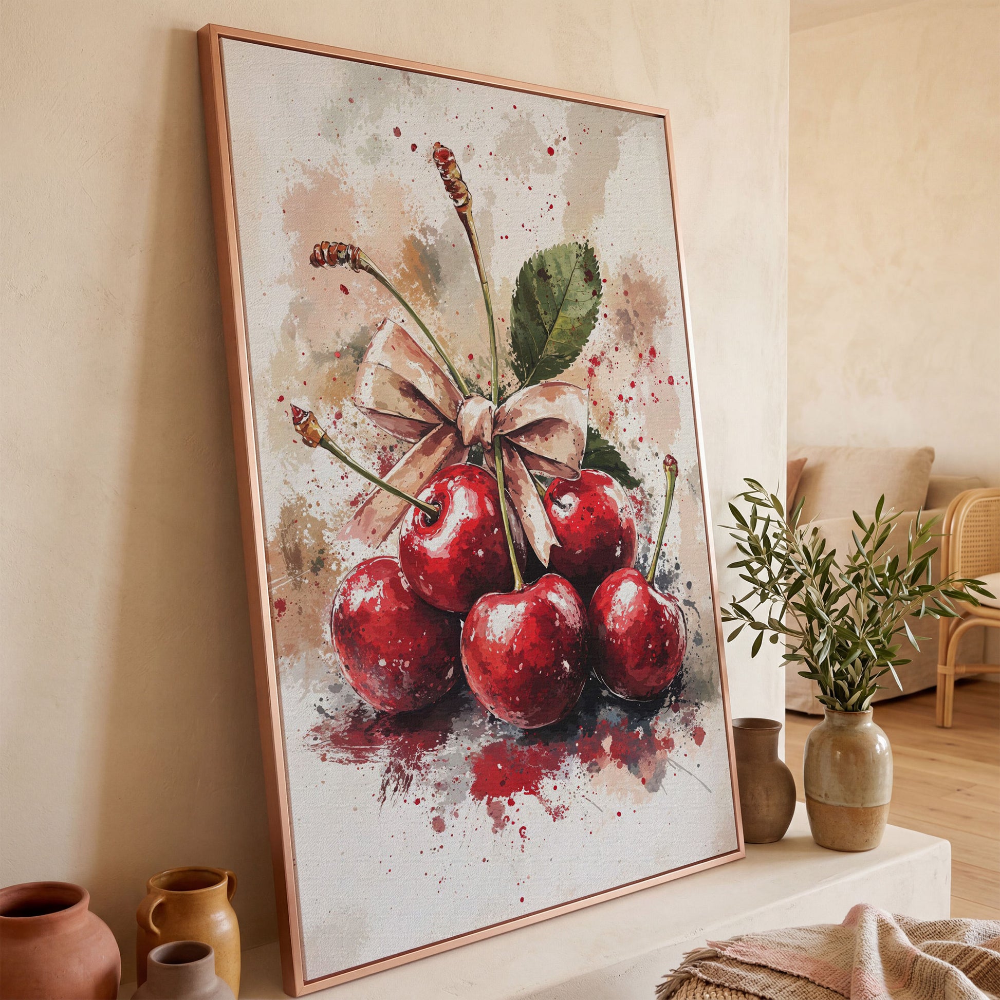 Cherry Still Life Canvas Print in rose gold floating frame