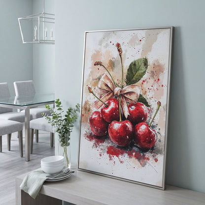 Cherry Still Life Canvas Print in silver floating frame