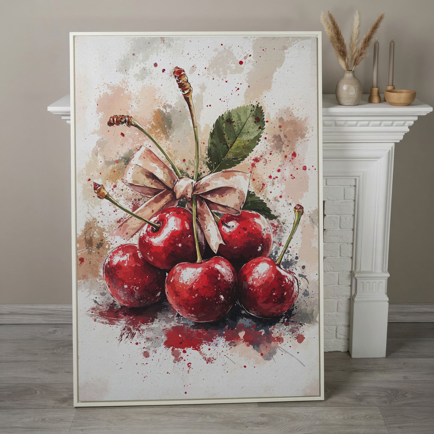 Cherry Still Life Canvas Print in white floating frame