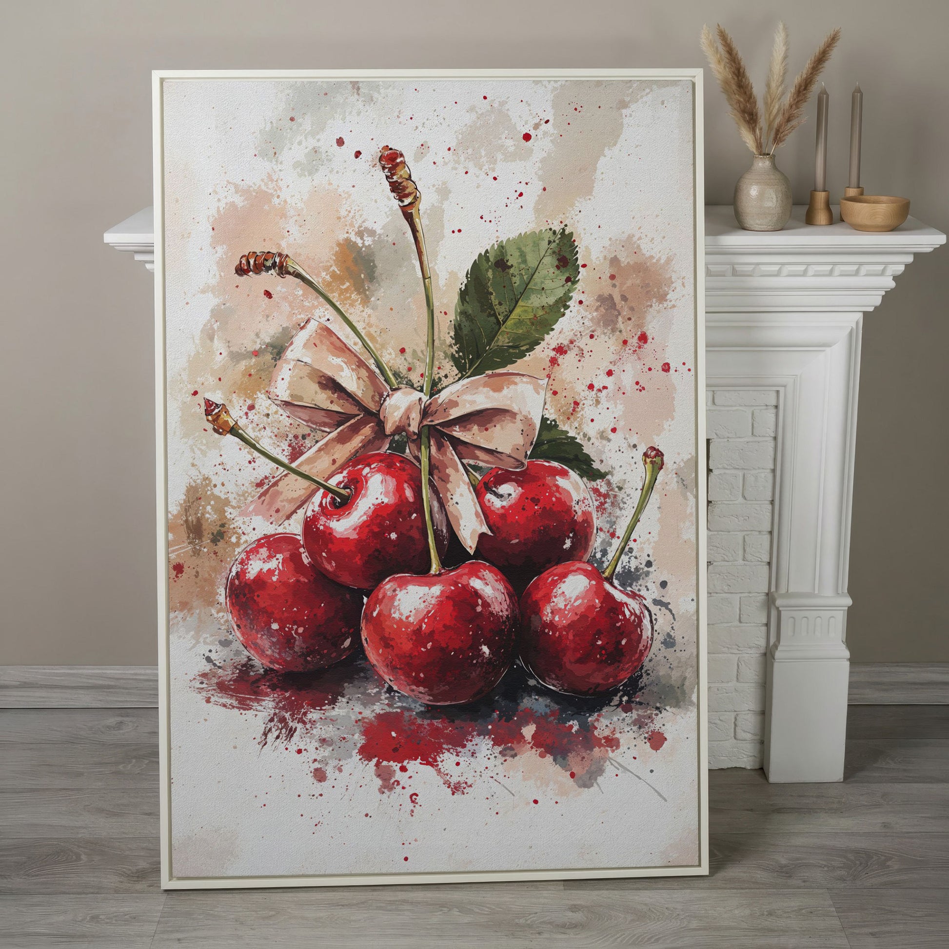 Cherry Still Life Canvas Print in white floating frame