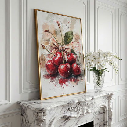 Cherry Still Life Canvas Print in yellow gold floating frame