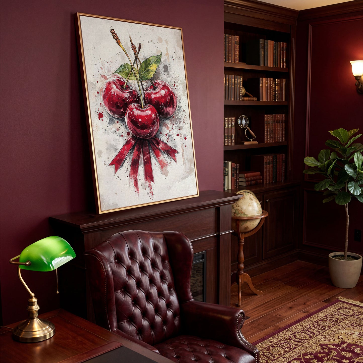 Red Cherries Watercolor Canvas in antique gold floating frame